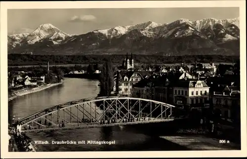 Ak Villach in Kärnten, Draubrücke mit Mittagskogel