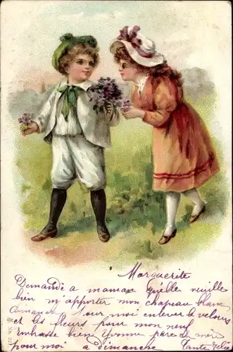 Litho Kinder, Liebespaar, Geschenk, Blumen, Wiese