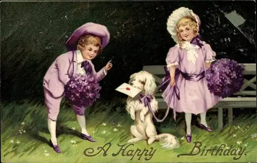 Präge Ak Glückwunsch Geburtstag, Kinder, Gratulanten, Hund, Blumen