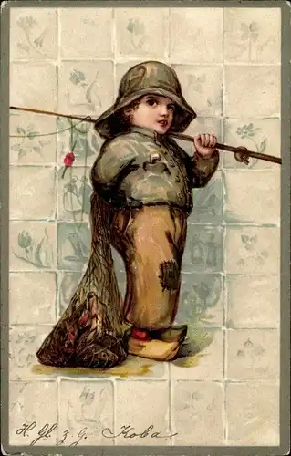 Präge Ak Junge in Niederländischer Tracht als Fischer, Fliesen