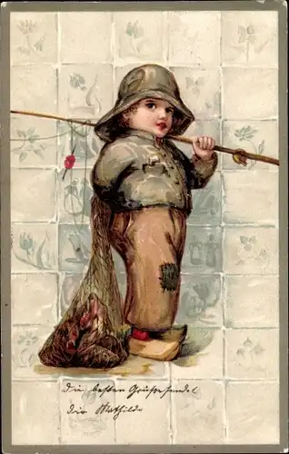 Präge Ak Junge in Niederländischer Tracht als Fischer, Fliesen