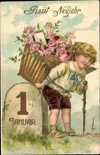 Präge Ak Glückwunsch Neujahr, Engel, Blumenkorb, Rosen, Kalender