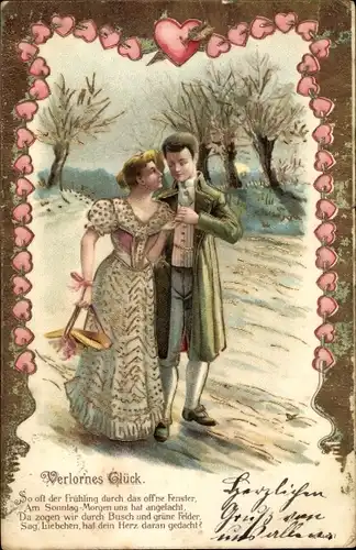 Präge Litho Verlorenes Glück, Liebespaar, Herzen