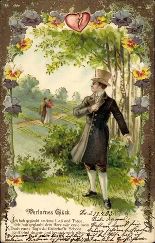 Präge Litho Verlorenes Glück, Stiefmütterchenblüten, Liebespaar, Liebeskummer