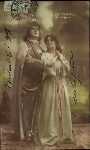 Ak Theaterszene, Schauspieler, Lohengrin, Ritter, Frau