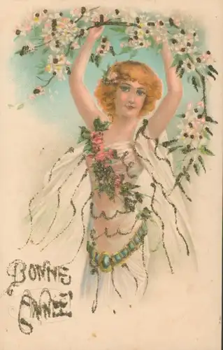 Glitzer Ak Glückwunsch Neujahr, Junge Frau, Portrait, Baum