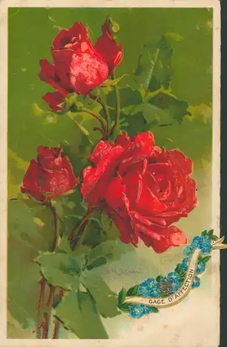 Künstler Ak Klein, C., Rote Rosen, Vergissmeinnicht