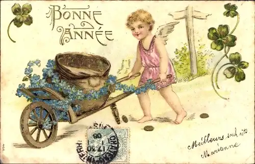 Präge Ak Glückwunsch Neujahr, Engel, Schubkarre, Münzen, Vergissmeinnicht, Glücksklee