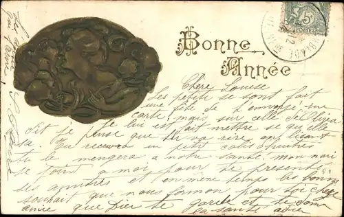 Präge Ak Glückwunsch Neujahr, Frau-Portrait, Blumen