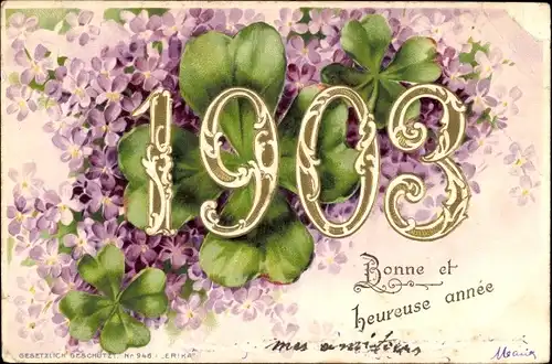 Präge Litho Glückwunsch Neujahr, Jahreszahl 1903, Kleeblätter, Veilchen