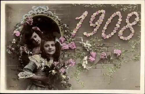 Ak Jahreszahl 1908, Zwei Mädchen, Blumen, Blumenstrauß