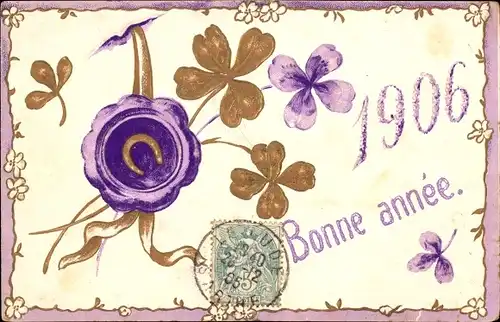 Präge Ak Glückwunsch Neujahr 1906, Glücksklee, Hufeisen