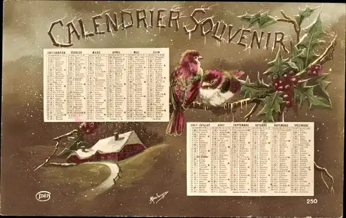 Ak Kalender, Vögel am Baum, Stechpalme, Wohnhaus