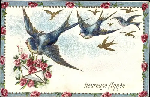 Präge Ak Glückwunsch Neujahr, Schwalben, Rosen, Brief