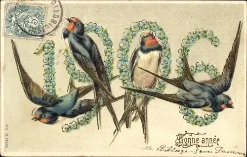 Präge Ak Glückwunsch Neujahr 1906, Schwalben, Vergissmeinnicht