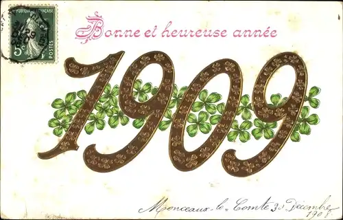Präge Ak Glückwunsch Neujahr, Jahreszahl 1909, Glücksklee