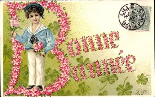 Präge Ak Glückwunsch Neujahr, Junge mit Blumenstrauß, Rosen, Glücksklee
