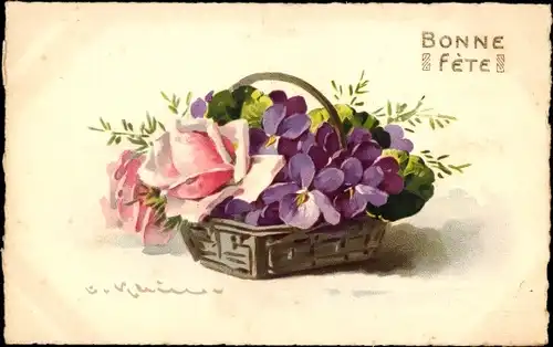 Künstler Ak Klein, Catharina, Glückwunsch, Blumenkorb, Rosen, Veilchen