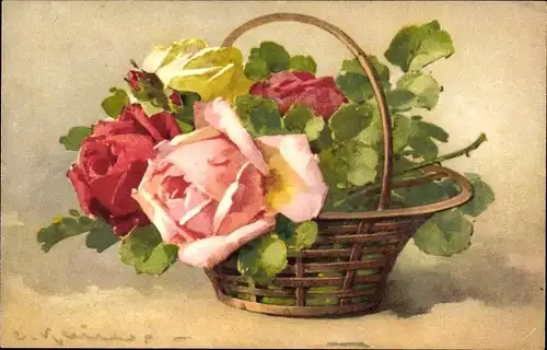 Künstler Ak Klein, Catharina, Blumenkorb, Rosen