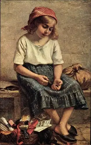 Künstler Ak Colomb, C., Mädchen mit rotem Kopftuch, Korb