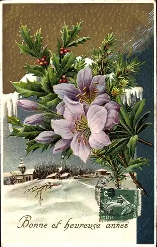 Präge Ak Glückwunsch Neujahr, Blumen, Stechpalme, Tannenzweige
