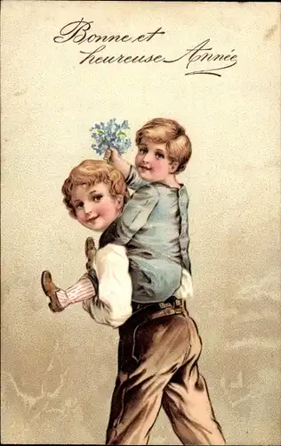 Präge Ak Glückwunsch Neujahr, Junge trägt Kind Huckepack