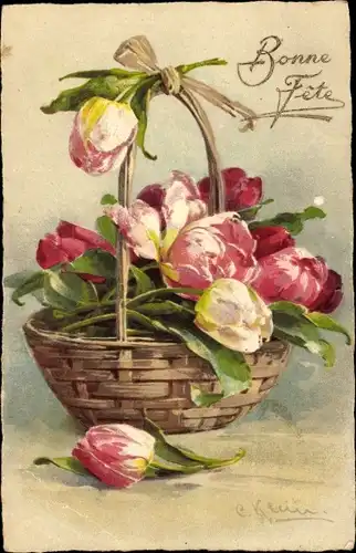 Künstler Ak Klein, C., Glückwunsch, Blumenkorb, Tulpen