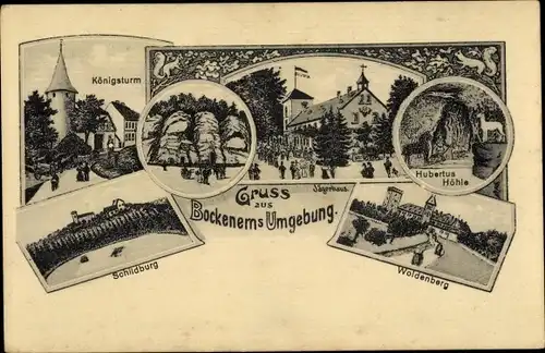 Litho Bockenem am Harz, Jägerhaus, Hubertushöhle, Woldenberg, Schildburg, Königsturm