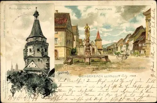 Künstler Litho Münch, Gengenbach im Schwarzwald, Marktplatz, Nicolausturm