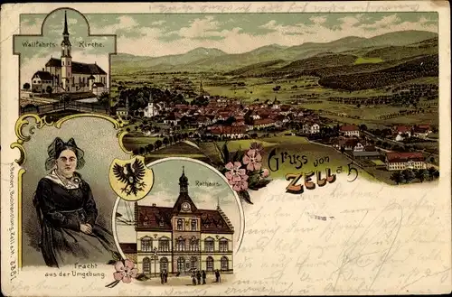 Litho Zell am Harmersbach, Wallfahrtskirche, Rathaus, Tracht, Wappen