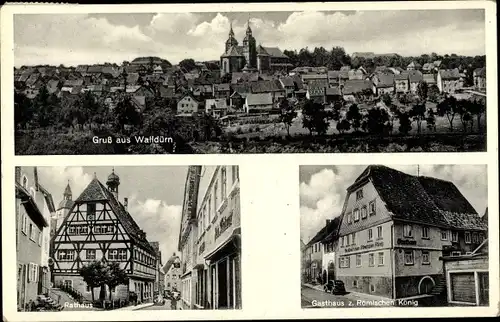 Ak Walldürn im Odenwald Baden, Panorama, Rathaus, Gasthaus zum Römischen König