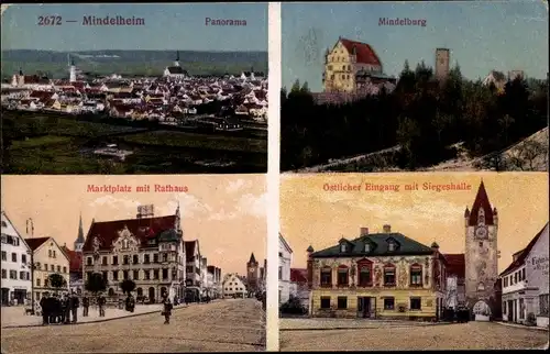 Ak Mindelheim im Unterallgäu, Panorama, Mindelburg, Rathaus, Siegeshalle, Markt