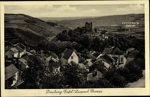 Ak Dasburg in der Eifel, Teilansicht, Gasthof L. Schmitz, Grenze zu Luxemburg, Ruine