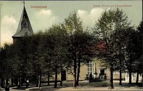 Ak Delmenhorst in Niedersachsen, Evang. Kirche und Kriegerdenkmal