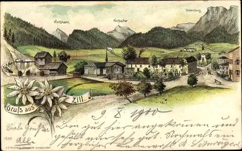 Litho Schellenberg Leubsdorf in Sachsen, Watzmann, Hochkalter, Untersberg, Edelweiß