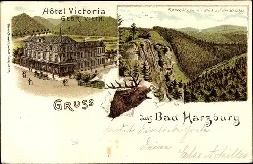 Litho Bad Harzburg am Harz, Hotel Victoria, Rabenklippe, Brocken