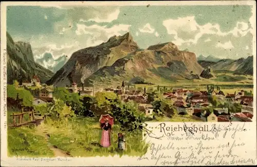 Künstler Litho Bad Reichenhall in Oberbayern, Mutter mit ihrer Tochter vor den Toren der Stadt