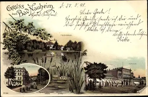 Litho Bad Nauheim in Hessen, Kurhaus, Teichhaus, Straßenpartie