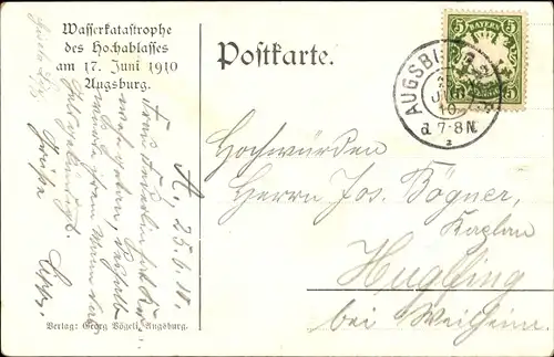 Ak Augsburg in Schwaben, Wasserkatastrophe des Hochablasses am 17. Juni 1910