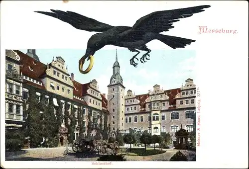 Litho Merseburg an der Saale, Schlosshof, Rabe mit Goldring im Schnabel