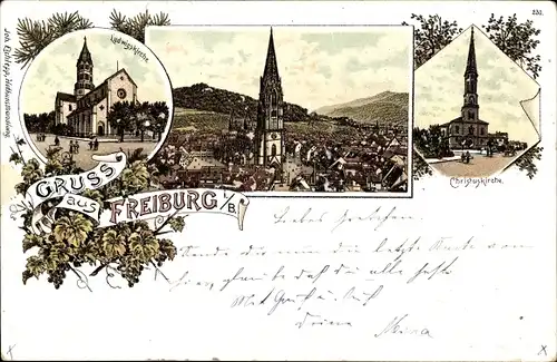 Litho Freiburg im Breisgau, Totale, Ludwigskirche, Christuskirche