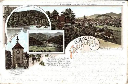Litho Freiburg im Breisgau Baden Württemberg, Panorama vom Loretto, Waldsee, Martinstor, Günterstal