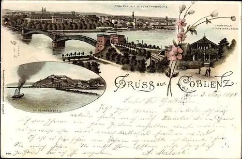 Litho Koblenz am Rhein, Panorama, Eisenbahnbrücke, Trinkhalle, Ehrenbreitstein