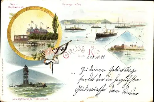 Litho Kiel, See Badeanstalt, Kriegshafen, Leuchtturm beim Friedrichsort
