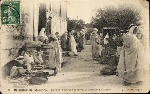 Ak Ech Cheliff Orléansville Algerier, Die Markthalle, Gewürzhändler