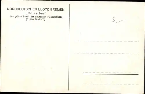 Künstler Ak Dampfschiff Columbus, Norddeutscher Lloyd Bremen, deutsche Handelsflotte