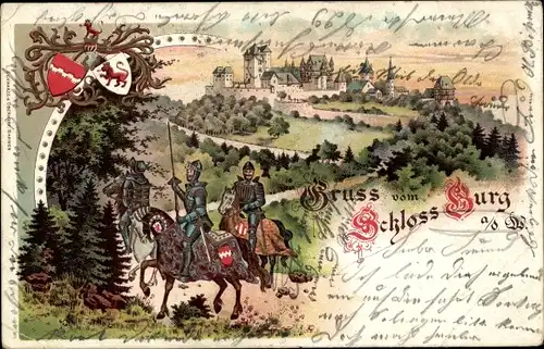 Litho Burg an der Wupper Solingen, Schloss Burg, Ritter