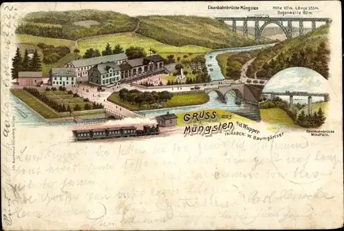 Litho Müngsten Wuppertal in Nordrhein Westfalen, Gasthaus von W. Baumgärtner, Eisenbahnbrücke