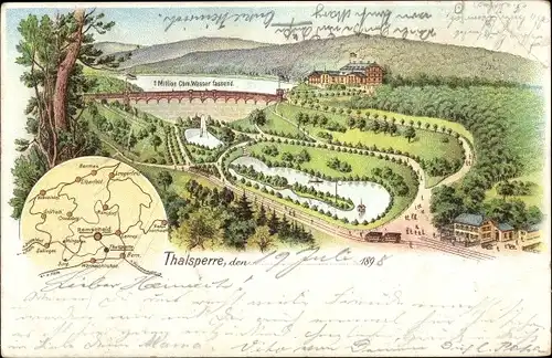 Litho Remscheid im Bergischen Land, Blick auf die Talsperre, Stausee, Wald, Hotel W. Jäger