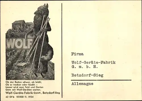 Ak Betzdorf an der Sieg, Reklame, Wolf-Geräte-Fabrik GmbH, Bestellkarte Der Wolfer